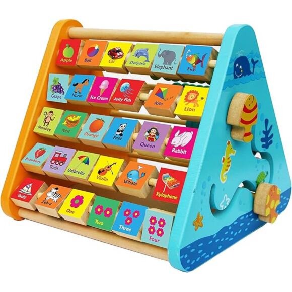 Wooden Activity Centre Triangle Toys - flip flop Alphabet Blocks Abacus Clock - Picture 7 of 7